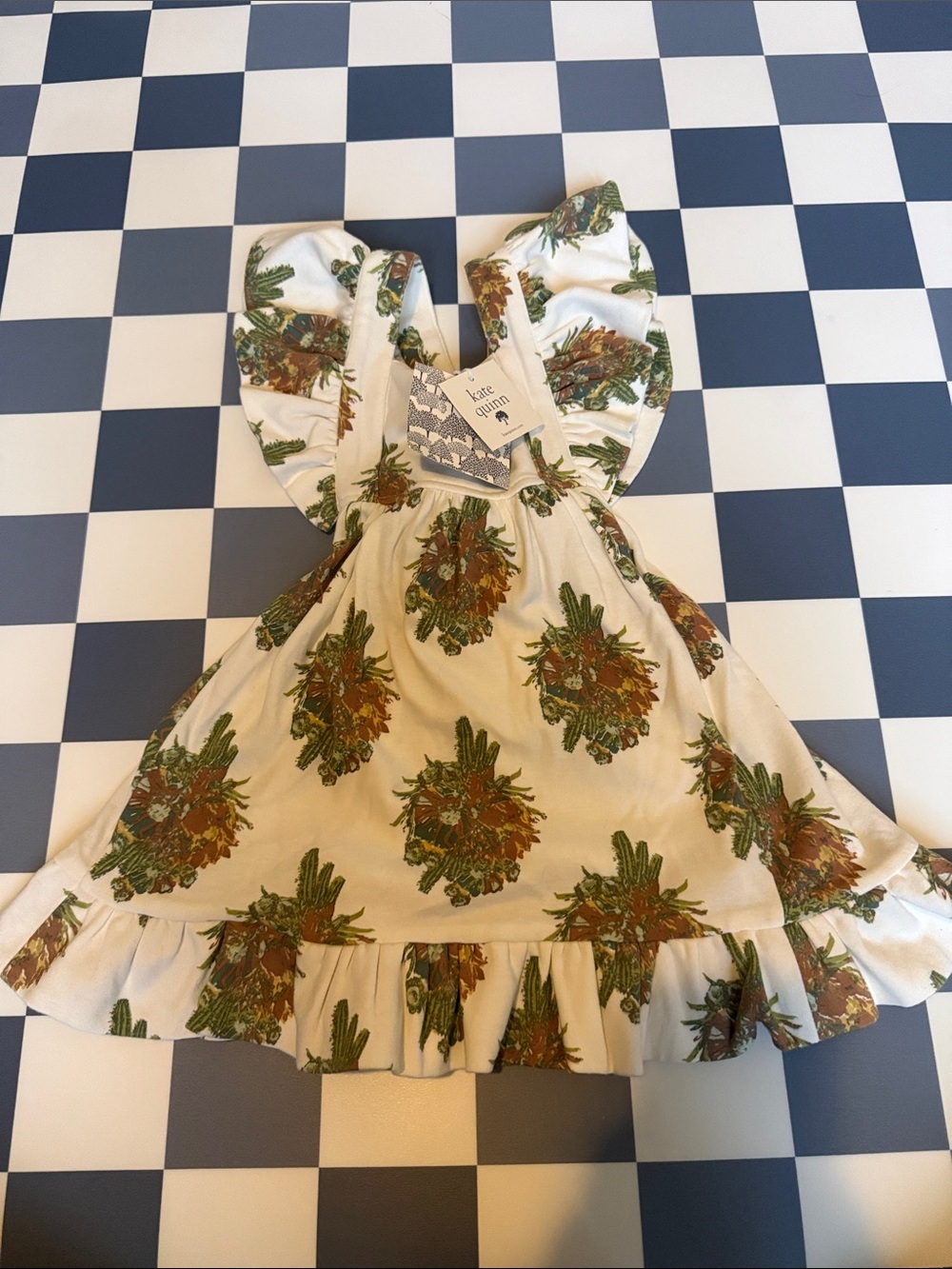 kate quinn Cream Floral Ruffle Sundress with Green and Brown Print